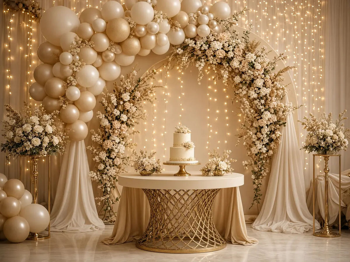 Champagne and ivory balloon birthday backdrop with floral cake table