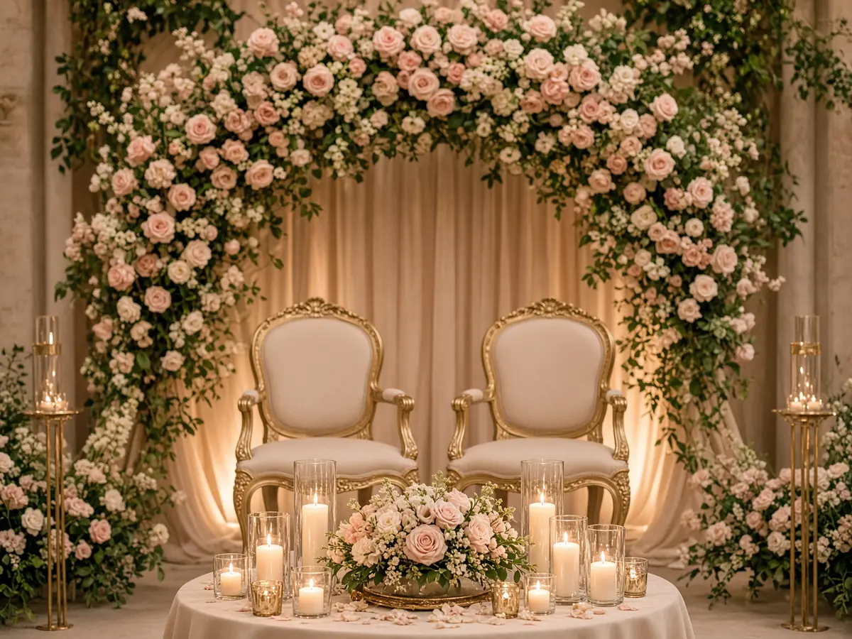 Intimate engagement stage with blush roses and candlelit ring table