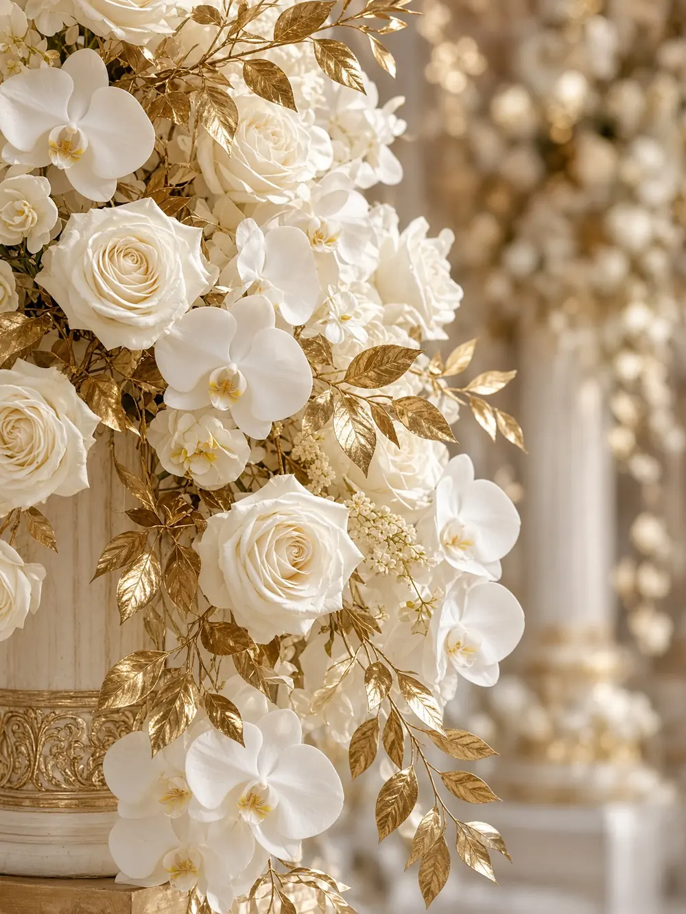 Close-up of cascading white roses and gold foliage on a wedding stage