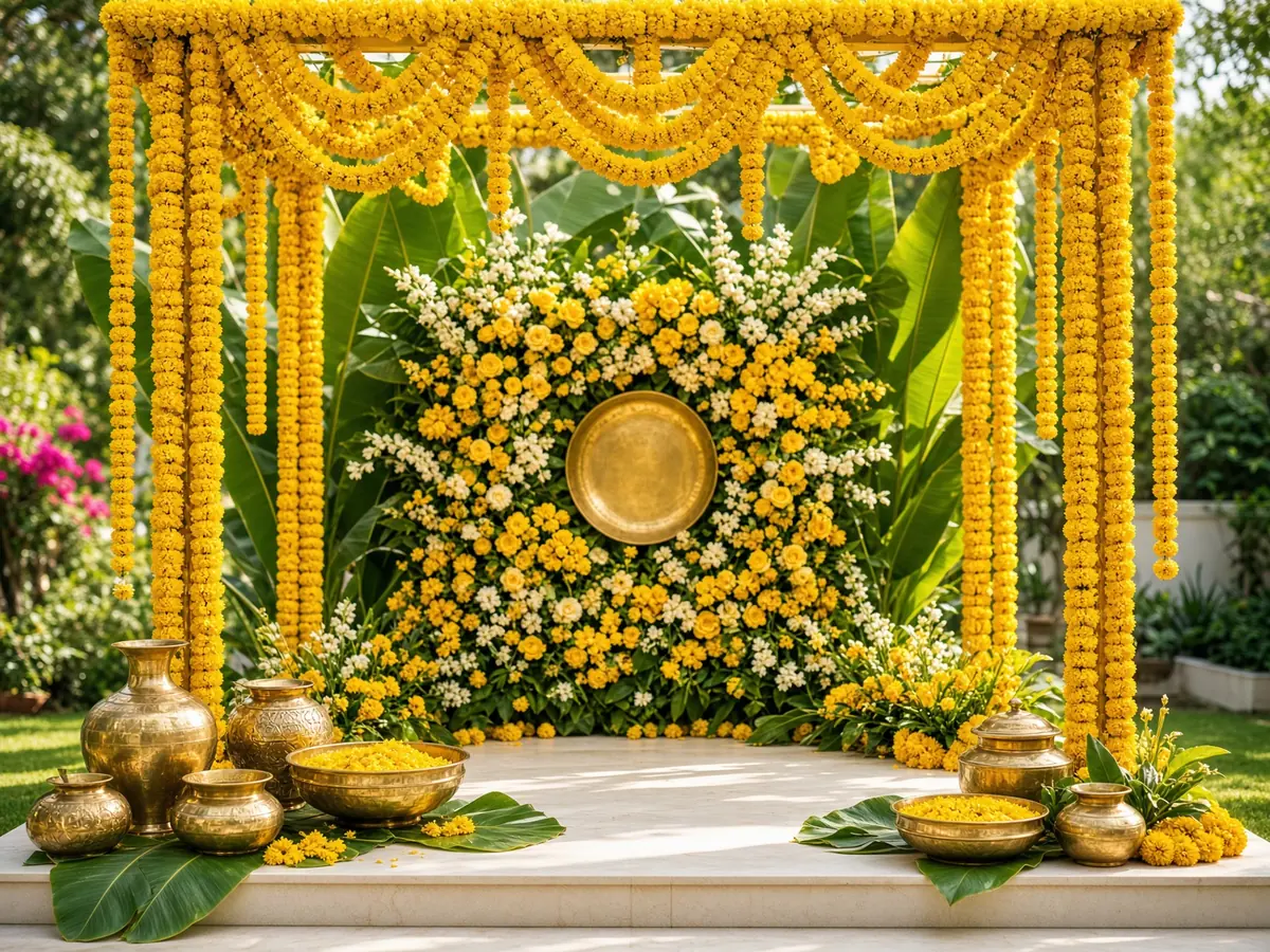 Outdoor haldi ceremony mandap with yellow marigold garlands