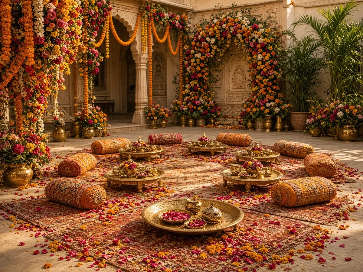 Mehendi ceremony courtyard with marigold florals and floor seating