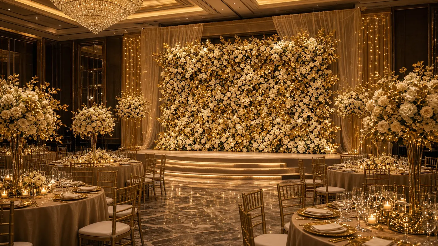 Floral reception stage with banquet tables and gold chargers