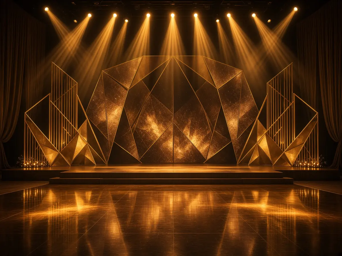 Sangeet night stage with gold geometric design and concert lighting