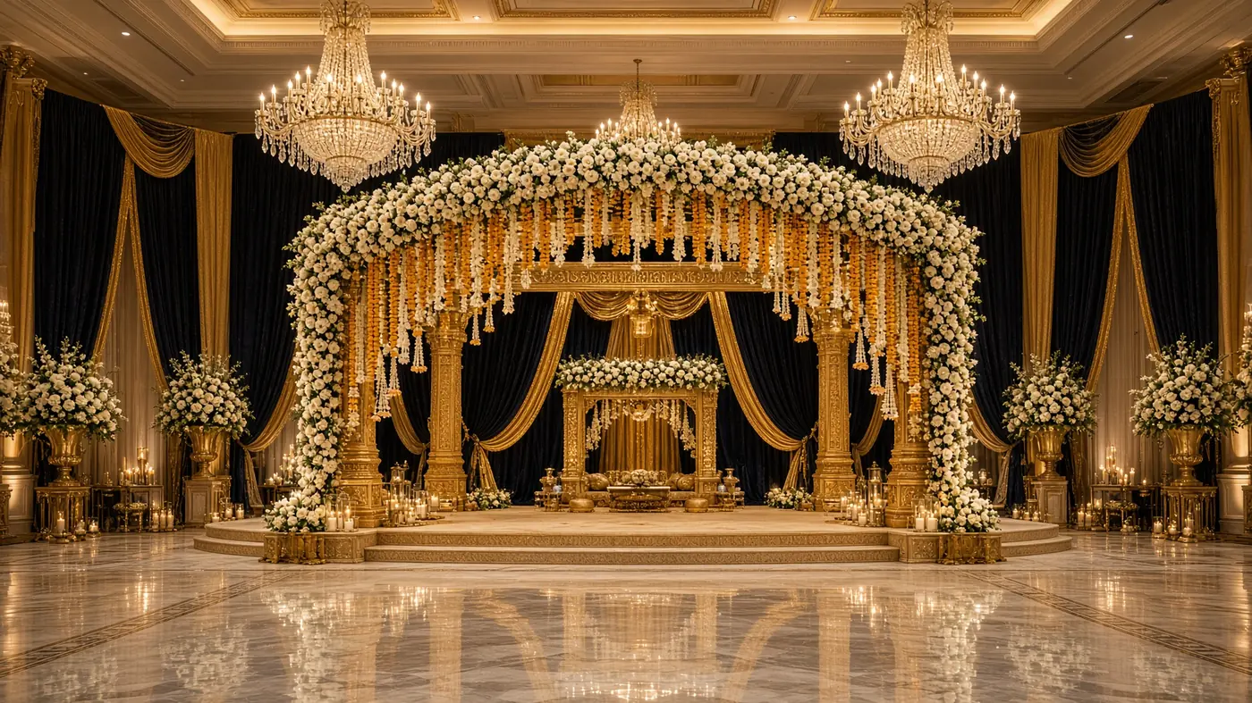 Luxury gold floral wedding mandap in a grand Bangalore ballroom