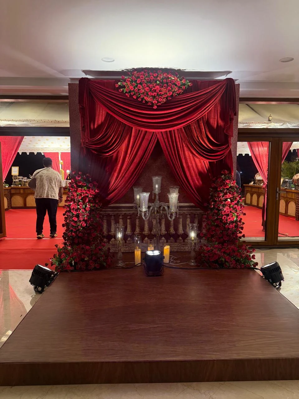 Luxury gold floral wedding mandap in a grand Bangalore ballroom